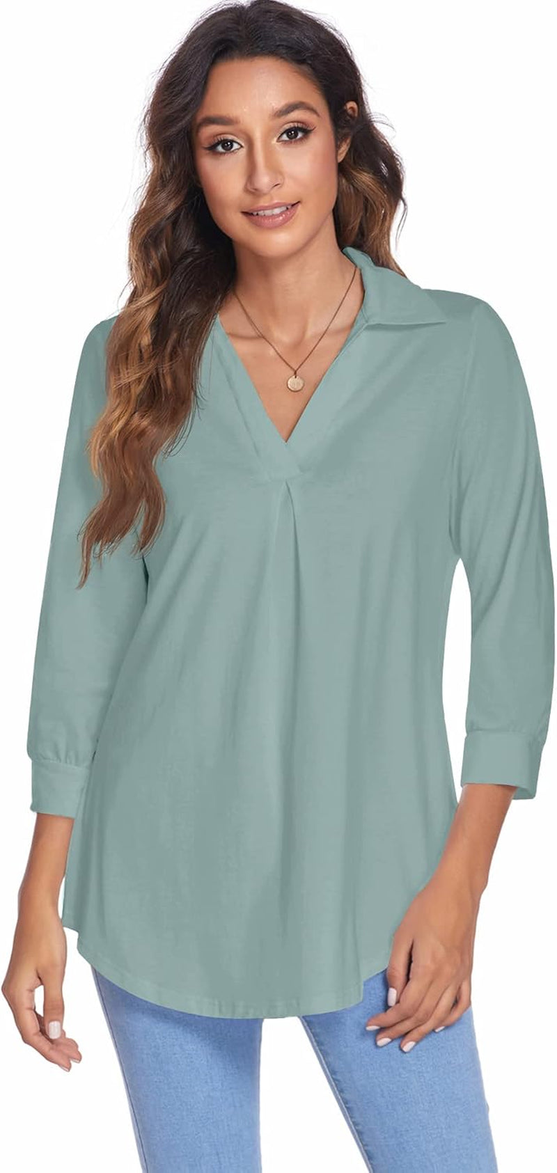 Womens Collared V Neck 3/4 Sleeve Shirts Business Casual Tops Loose Work Blouses (S-3XL)