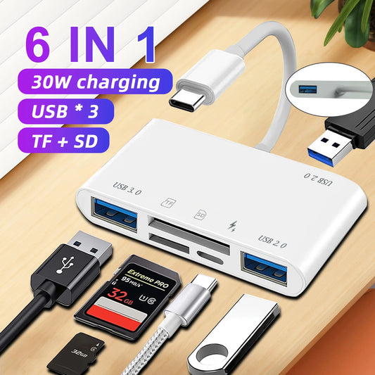USB C To SD TF Card Reader 6 In 1 USB-C Memory Card Reader Adapter With 30W Charging Port USB 3.0 Female OTG Adapter
