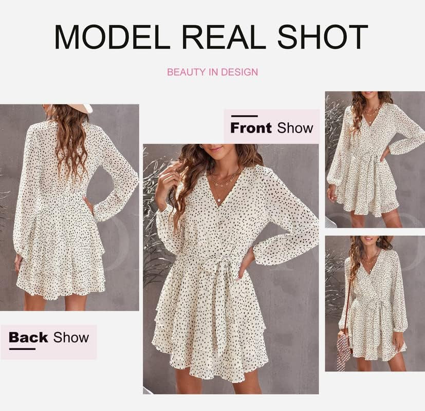 Womens 2024 Summer Spring V Neck Ruffle Chiffon Elegant Tie Knot Mini Short Swing Skater Dresses