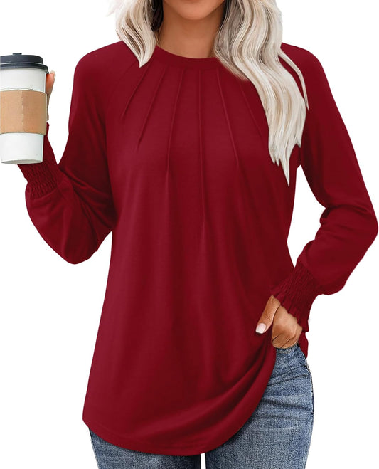 Women'S 2024 Fall Long Sleeve Tops Crewneck Pleated Shirts Puff Sleeve Loose Fitting Tunic Blouse Cute Tee