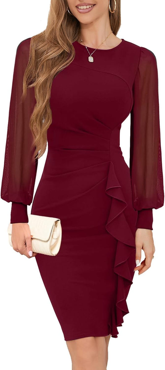 2024 Women'S Long Sheer Sleeve Ruched Sheath Bodycon Cocktail Party Work Dresses