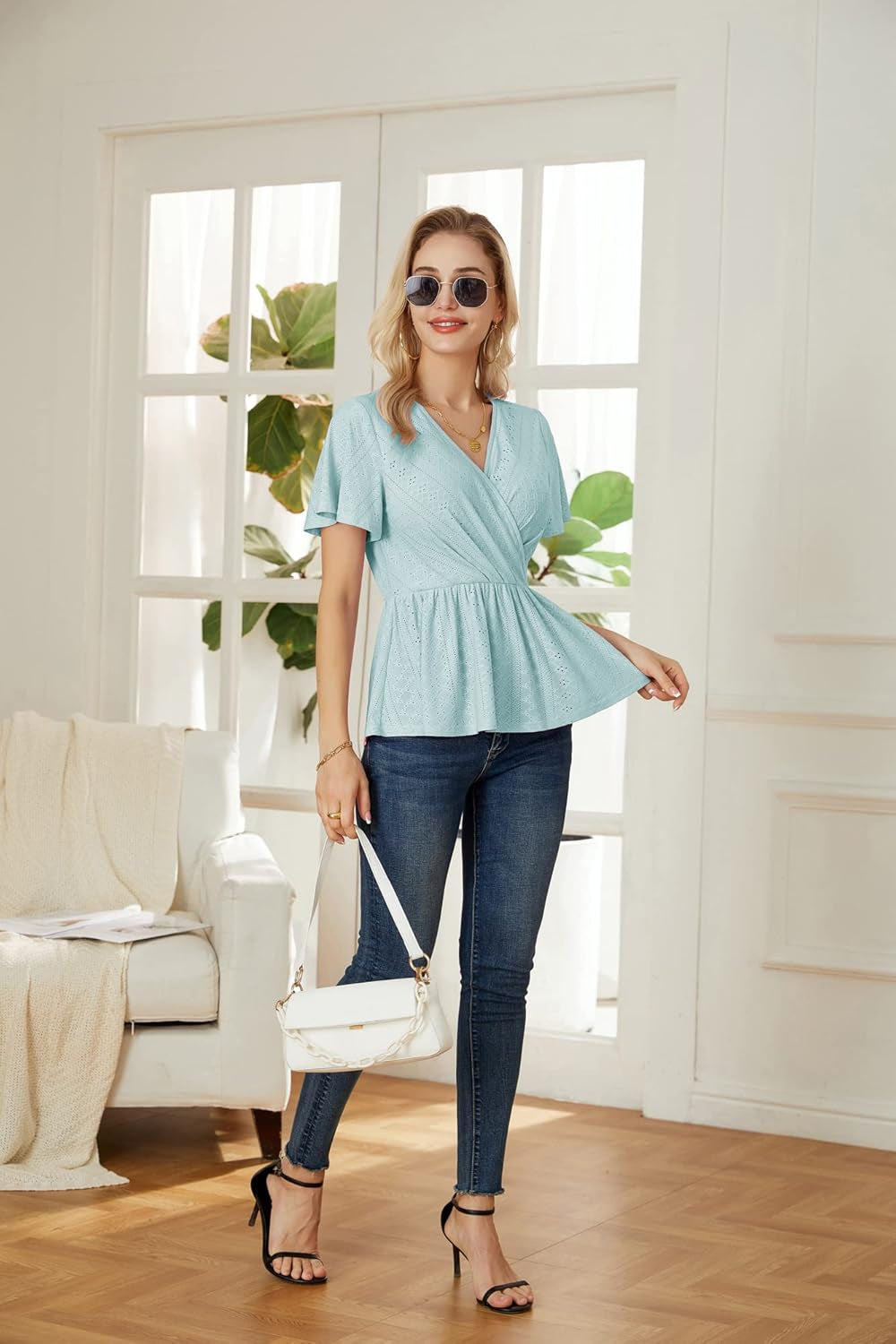 2024 Womens Summer Tops Wrap V Neck Eyelet Top Ruffle Sleeve Peplum Casual T Shirts