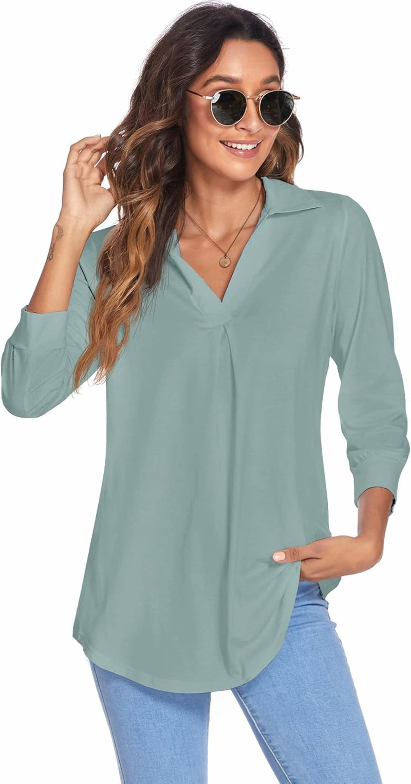 Womens Collared V Neck 3/4 Sleeve Shirts Business Casual Tops Loose Work Blouses (S-3XL)