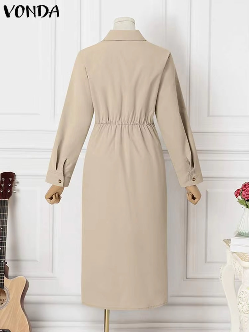 Office Dress  Elegant Women Summer Long Sleeve Long Shirt Sundress Robe 2023 Fashion Dress Casual Solid Color Midi Vestidos