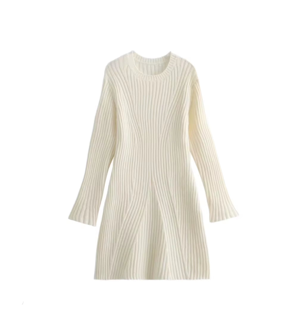 Elegant Knitted Mini Dress Women'S Ribbed Slim Long Sleeve Color Black White Dress Chic Party Knitwear Lady Office Outfits Winte