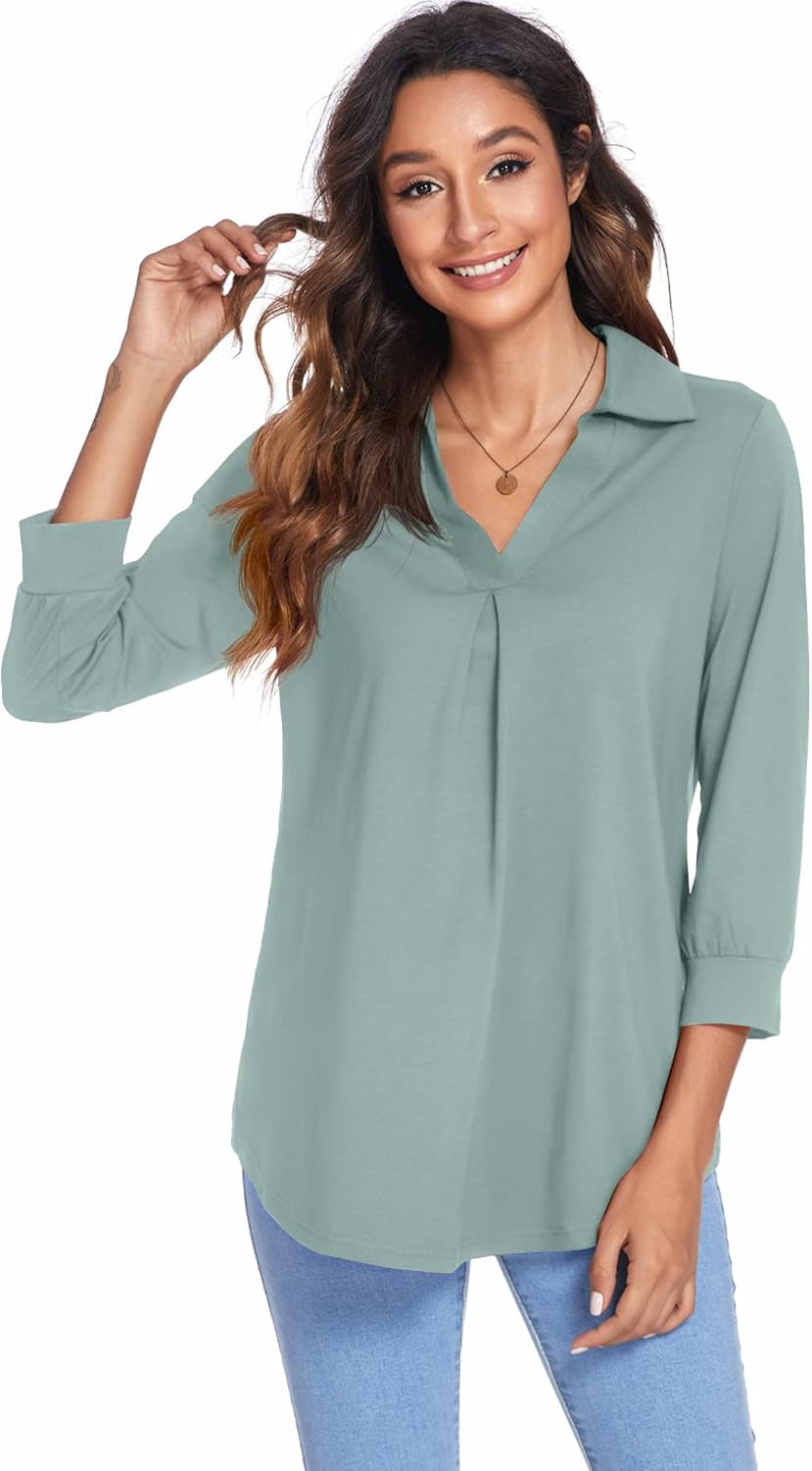 Womens Collared V Neck 3/4 Sleeve Shirts Business Casual Tops Loose Work Blouses (S-3XL)